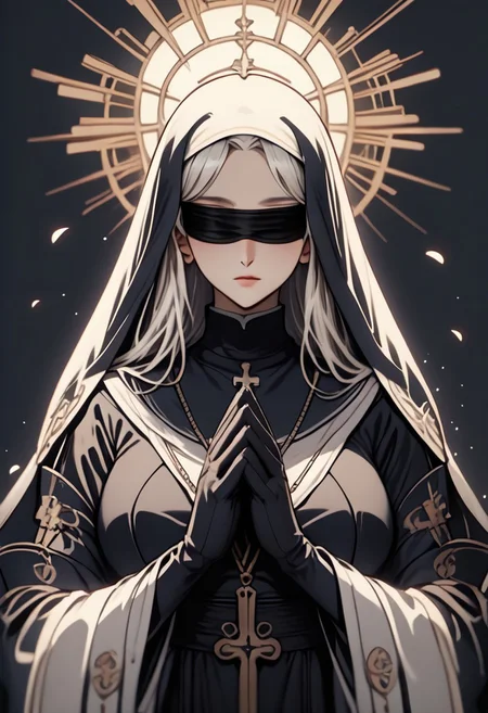 (score_9, score_8_up), score_7_up, 1girl, long hair, large breasts, simple background, gloves, long sleeves, white background, dress, jewelry, upper body, white hair, black gloves, hood, wide sleeves, necklace, black dress, blindfold, halo, own hands together, cross, veil, interlocked fingers, hood up, nun, own hands clasped, praying,, 
depth of field, blurry background, black background, dark, CINE, embers, UKIYO, MUCHA, ANIME