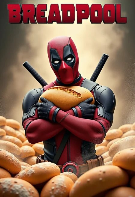 cinematic photo, a text title movie poster "BREADPOOL" deadpool, flour explosion, holding bread, cuddling bread, surrounded by bread, bread everywhere, mountain of bread, loaf of bread, baker, flour, highly detailed, parody movie poster, a digital movie poster illustration