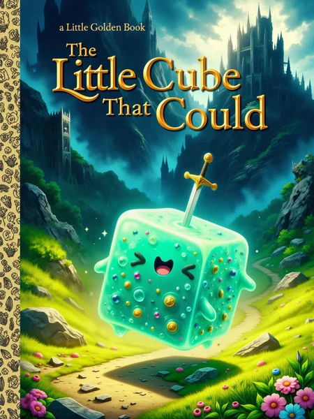 the front cover of a book in the "a Little Golden Book" series with the title text "The Little Cube That Could" in big ornate golden letters, "a Little Golden Book" written in the top left corner, the front cover showcases a blissfully happy little cyan anime-style gelatinous cube, semi-transparent and radiating joy, on a winding path at the base of a towering, ominous mountain, the cover art captures a contrast between a cheerful foreground and a foreboding, ominous background, in the foreground, bright green grass and beautiful colorful wildflowers dot the landscape, sunlight filters through the scene, casting soft, warm tones that give the environment an idyllic and carefree feeling, the cube is surrounded by this lush, inviting nature, but in the upper half toward the mountain, the scenery is dark, ominous and foreboding, ominous storm clouds gather over a dark gothic castle that looms at the mountain's peak, the castle has tall, jagged spires and a looming portcullis, its menacing silhouette dominating the background, the adorable gelatinous cube, filled with small gleaming gold coins, sparkling jewels, and an ornate sword, bounces happily along the path, oblivious to the danger that lies ahead, the cube's expression is blissfully happy, its jelly-like surface glistens in the sunlight, creating a whimsical contrast with the dark, menacing castle above, the cube has a joyful, anime-style face with a playful grin, its expression conveys an unwavering optimism and determination, the objects floating inside its body, like gold coins, a few colorful brilliant gemstones, and the sword glimmer and add to its sense of wonder, it appears soft, bouncy, and full of life, creating an adorable and quirky protagonist, a vertical full-body shot of the cube on its path toward the towering mountain, the cube is positioned in the lower third of the frame, allowing the viewer to take in both the bright foreground and the ominous backdrop, the winding path leads toward the dark castle, the camera angle is at a slight upward tilt, the towering castle in the distance looms large, soft, warm sunlight illuminates the foreground, casting gentle highlights across the grassy landscape and wildflowers, the cube's translucent body glows softly, reflecting the light in a playful way, however, as the path leads toward the castle, the lighting shifts dramatically to ominous, shadowy tones, creating a visual contrast between the joyful cube and the eerie, menacing setting of the distant gothic castle, the color palette is vibrant and saturated in the foreground, transitioning into dark, moody tones as the scene moves toward the mountain, the details of the cubeâs semi-transparent form are meticulously rendered, with the internal objects visible through its gelatinous surface, the overall texture evokes the feel of a hand-painted, storybook cover, with a balance of fantasy and charm that invites the reader into a magical journey, the left side of the cover is adorned with a golden decorative border, <lora:gelatinous_cube-flux-by_oneviolentgentleman:0.9> <lora:style-little_golden_book-flux-by_darmox:0.84> <lora:image_enhancer-flux-by_dever:0.6>