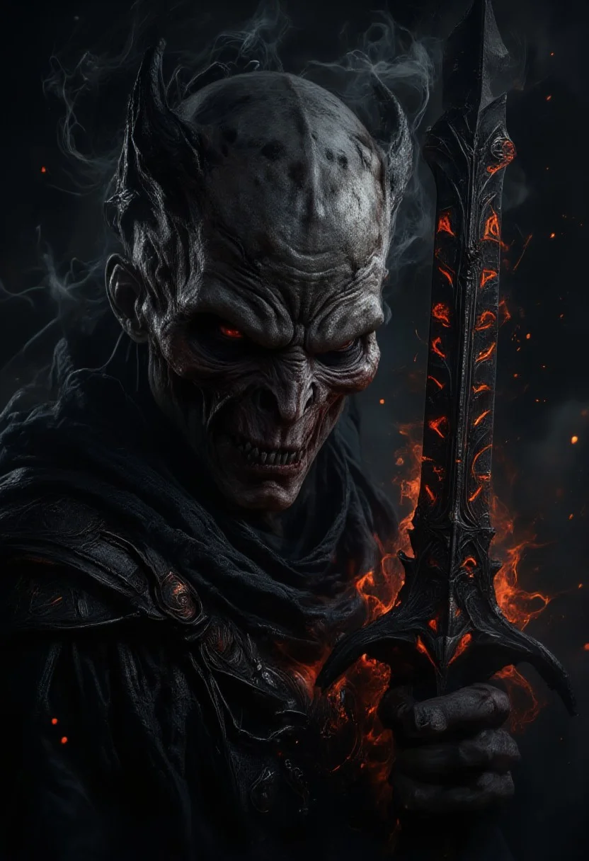 horror show, monster, nightmare, fear, Cinematic style
play of shadow and light,
"A dark and menacing close-up portrait of an undead warrior or demon holding a cursed sword. His skin is pale and decayed, with sunken eyes and sharp, jagged teeth that give a sinister grin. Dark, smoky tendrils emanate from his head, adding an eerie and supernatural atmosphere. The intricate, gothic design of the sword features glowing red runes along the blade, pulsating with an ominous energy. The lighting is low, highlighting the details of his grotesque features and the textured, ancient metal of the weapon. Red embers float in the air around him, enhancing the foreboding, hellish mood of the scene."