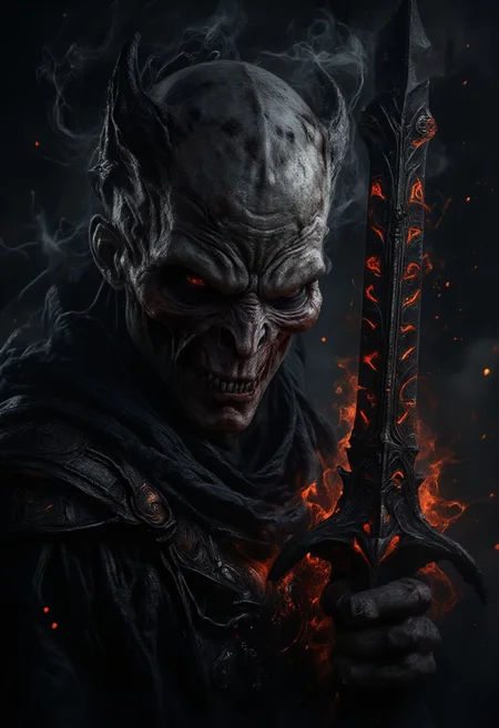 horror show, monster, nightmare, fear, Cinematic style
play of shadow and light,
"A dark and menacing close-up portrait of an undead warrior or demon holding a cursed sword. His skin is pale and decayed, with sunken eyes and sharp, jagged teeth that give a sinister grin. Dark, smoky tendrils emanate from his head, adding an eerie and supernatural atmosphere. The intricate, gothic design of the sword features glowing red runes along the blade, pulsating with an ominous energy. The lighting is low, highlighting the details of his grotesque features and the textured, ancient metal of the weapon. Red embers float in the air around him, enhancing the foreboding, hellish mood of the scene."