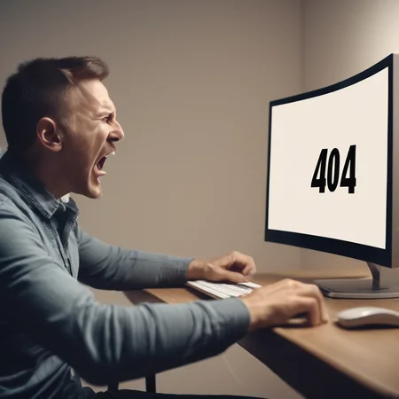 man, sitting, yelling at computer screen, ("404" text on computer screen:1.3)  <lora:Harrlogos_v1.1:0.85> text logo, RAW photo, subject, 8k uhd, dslr, soft lighting, high quality, film grain, Fujifilm XT3