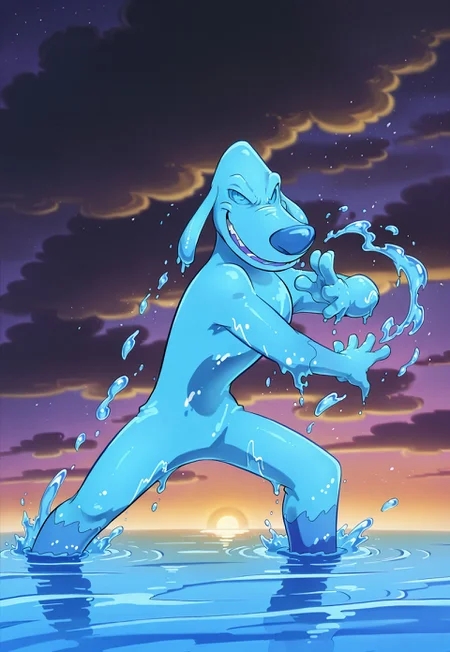 safe_pos, score_9, score_8_up, score_7_up, score_6_up, score_5_up, score_4_up, Liquidator, no humans, 1 boy, solo, furry, anthro, solid eyes, blue eyes, blue skin, made of water, dynamic pose, perspective, looking at viewer, evil laugh, storm, water splashes, bending water, water bender, waterbending