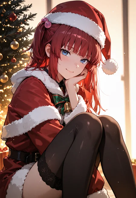 <lora:Ushiromiya_AngedIL:0.85>, <lora:SDXL_HandFineTuning_XL:0.4>, <lora:for_illust_spo_sdxl_10ep_4k-data_lora_webui:0.7>, <lora:for_illust_GBF_Illustrious:0.4>, <lora:for_illust_ponyv5_noobV065S_1_adamW-000013:0.2>, <lora:for_illust_748cmSDXL:0.3>, <lora:warm light style v2:0.4>, perfect quality, best quality, absolutely eye-catching, cinematic, (masterpiece), (ultra-detailed), Soft lighting, very aesthetic, illustration, perfect composition, portrait, ultra detailed face, detailed eyes, blue eyes, 1girl, solo, sitting,  christmas, hat, looking at viewer, santa costume, santa hat, christmas, christmas tree, ushiromiya ange, light smile, red hair, hair bobbles, hair ornament, long hair, black thighhighs