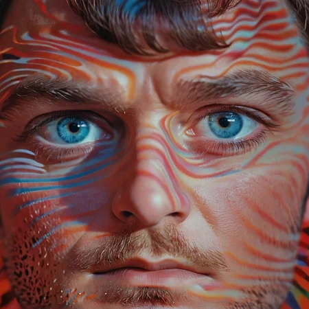 <lora:60s_Psychedelic_MovieSDXL:1> ArsMovieStill, movie still from a 60s psychedelic movie, The image is a close-up of a man's face with his eyes looking directly at the camera. The face is covered in a colorful abstract pattern of lines and shapes that create a sense of movement and energy. The lines are in various shades of red orange and blue creating a gradient effect. The pattern is made up of small wavy lines that form a wave-like shape with some areas appearing darker and others appearing lighter. The overall effect is one of energy and movement. The man's expression is intense and dramatic with a focus on his eyes and nose. The image is taken from a slightly elevated angle making the colors of the lines stand out even more., eye focus, solo, close-up, looking at viewer, 1girl, portrait, blue eyes, blurry, eyelashes, bangs