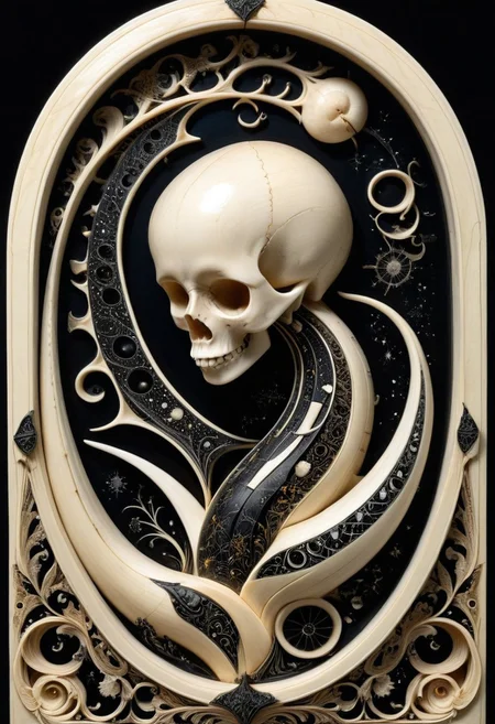 lazypos, made out of, ebony, ivory, scrimshaw, bone carving, craft, technology, black and white contrast, bone and wood textures, elegant and surreal design, ultra-luxury aesthetic, hyper-realistic reflections, aerodynamic shape, dramatic studio lighting, futuristic yet classical fusion, sdxl style, highly reflective surfaces