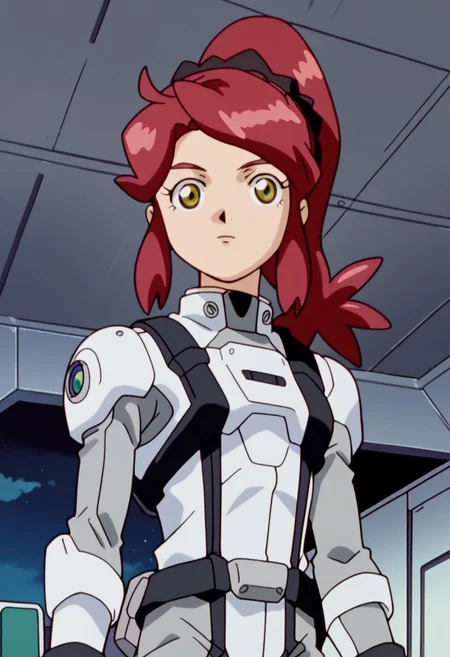 score_8, score_8_up, score_7_up, AWGXS, anime screenshot, retro artstyle,1990s (style), cel animation BREAK 1girl, female focus, solo, red hair, ponytail, yellow eyes, pilot suit, normal suit, stand, salute, cowboy shot, looking at viewer
