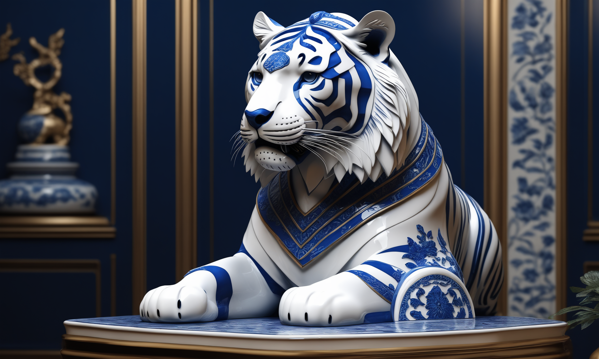 <lora:bwporcelaincd_xl-000007:0.7>, a statue of a tiger standing on a table made of (bwporcelaincd_xl, blue and white porcelain, porcelain:1.2, shiny:1.3, solo:1.3) in office, indoors, full body, chinese zodiac, cutie, cute, still life, animal statue, front view, facing viewer, looking at viewer, (Unbelievable Digital Artwork:1.3), CGSociety, ArtStation, master works, 8K,HDR,UHD,masterpiece,best quality,highly detailed,emotional,harmonious,high budget,moody,epic,gorgeous,high resolution,perfect lighting,finely detail,extremely detailed,ultra detailed,realistic,photorealistic,huge filesize,photographic,real,wallpaper,moody lighting,volumetric lighting,reality ray tracing