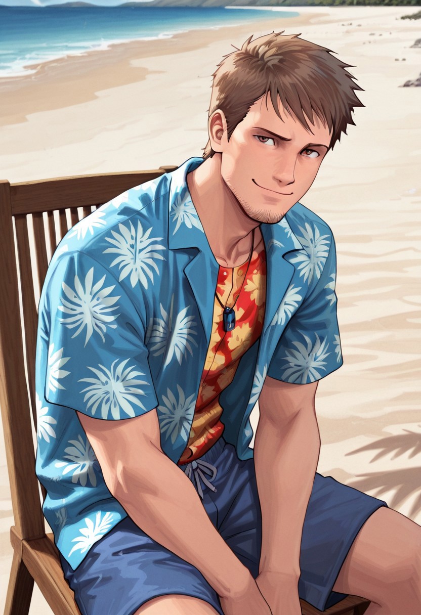 kyle_hyde, brown hair, stubble, solo, man, male focus, anime image, Hawaiian shirt, sitting on chair, detailed background, sunny day, beach, masterpiece, perfect quality, best quality, detailed, newest, very aesthetic, detailed eyes, blue shorts, melancholic smile, looking at viewer