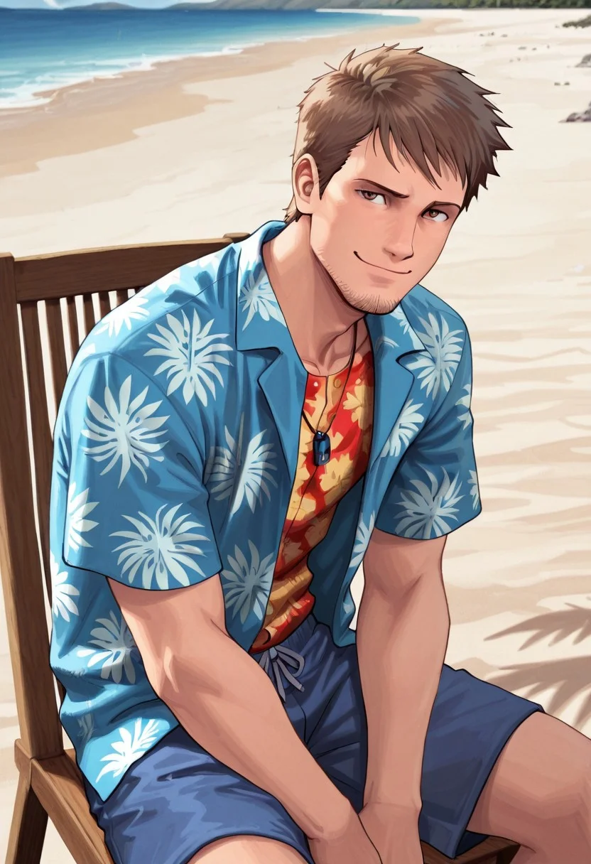 kyle_hyde, brown hair, stubble, solo, man, male focus, anime image, Hawaiian shirt, sitting on chair, detailed background, sunny day, beach, masterpiece, perfect quality, best quality, detailed, newest, very aesthetic, detailed eyes, blue shorts, melancholic smile, looking at viewer