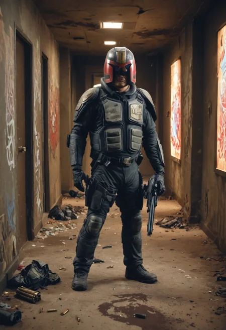 1 man,  judge dredd wearing helmet, shooting with a big gun, in dirty apartment building hallway, scowling, full body, body armor, big gun, bullet casings, smoke, graffiti, trash on ground, bullet damage, blood on ground, bullet holes, fire, dynamic lighting, dark, neon lights, extreme high quality, gritty, jdgdrdd