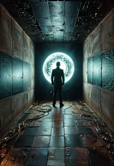 a dystopian matrix abyss by H.P. Lovecraft, a long floor into eternity, black reflecting tiles, dimmed lightning, vintage sci-fi led panels, electrical panels, rear view neo pale man in the end of the floor, emerging into wall, looking to viewer, tool band art
