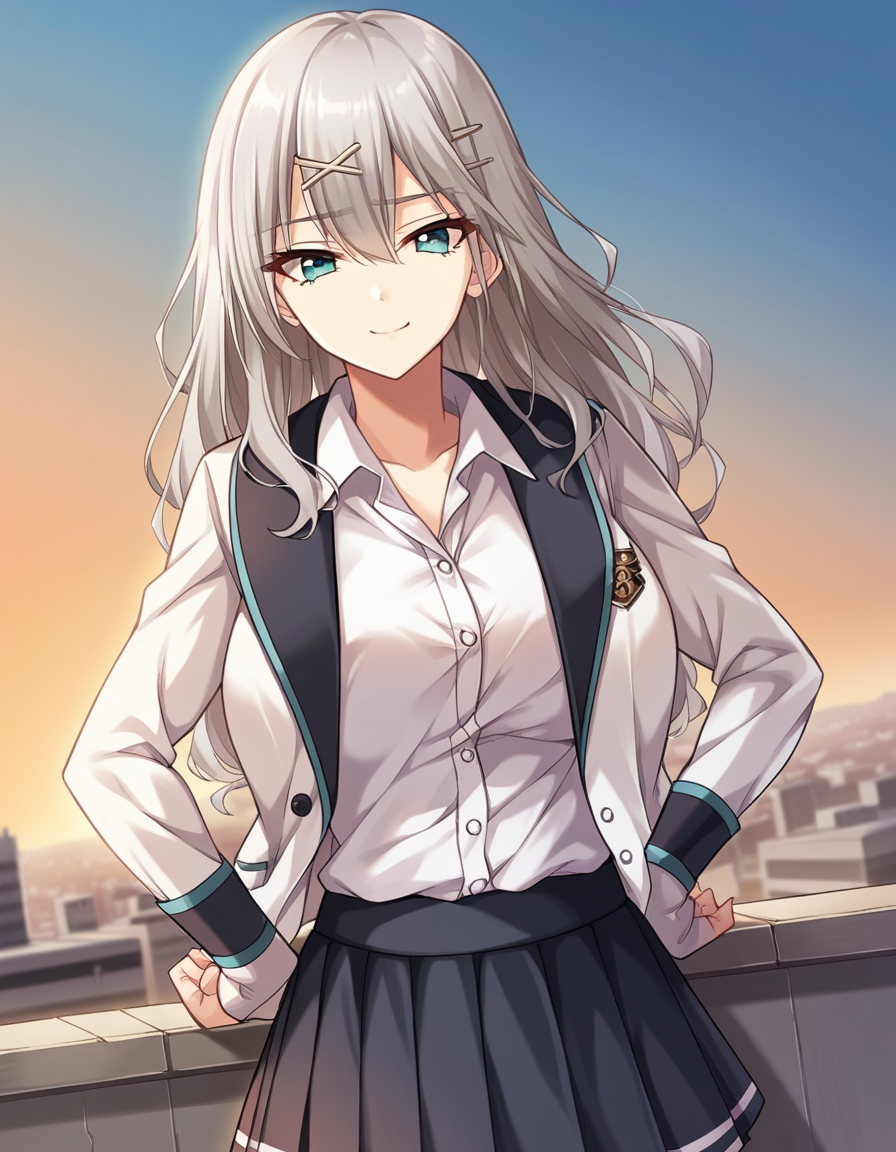 score_9, score_8_up, score_7_up, source_anime, <lora:aina-leminen-ingame-ponyxl-lora-nochekaiser:1>, aina leminen, long hair, bangs, blue eyes, large breasts, hair ornament, hair between eyes, hairclip, x hair ornament, grey hair,, skirt, shirt, long sleeves, school uniform, jacket, white shirt, pleated skirt, open clothes, miniskirt, black skirt, open jacket, dress shirt, white jacket,, rooftop, sunset, cityscape, quiet moment, wind blowing, contemplative, smile, smug, hands on hips,, looking at viewer, solo,, dutch angle, cowboy shot