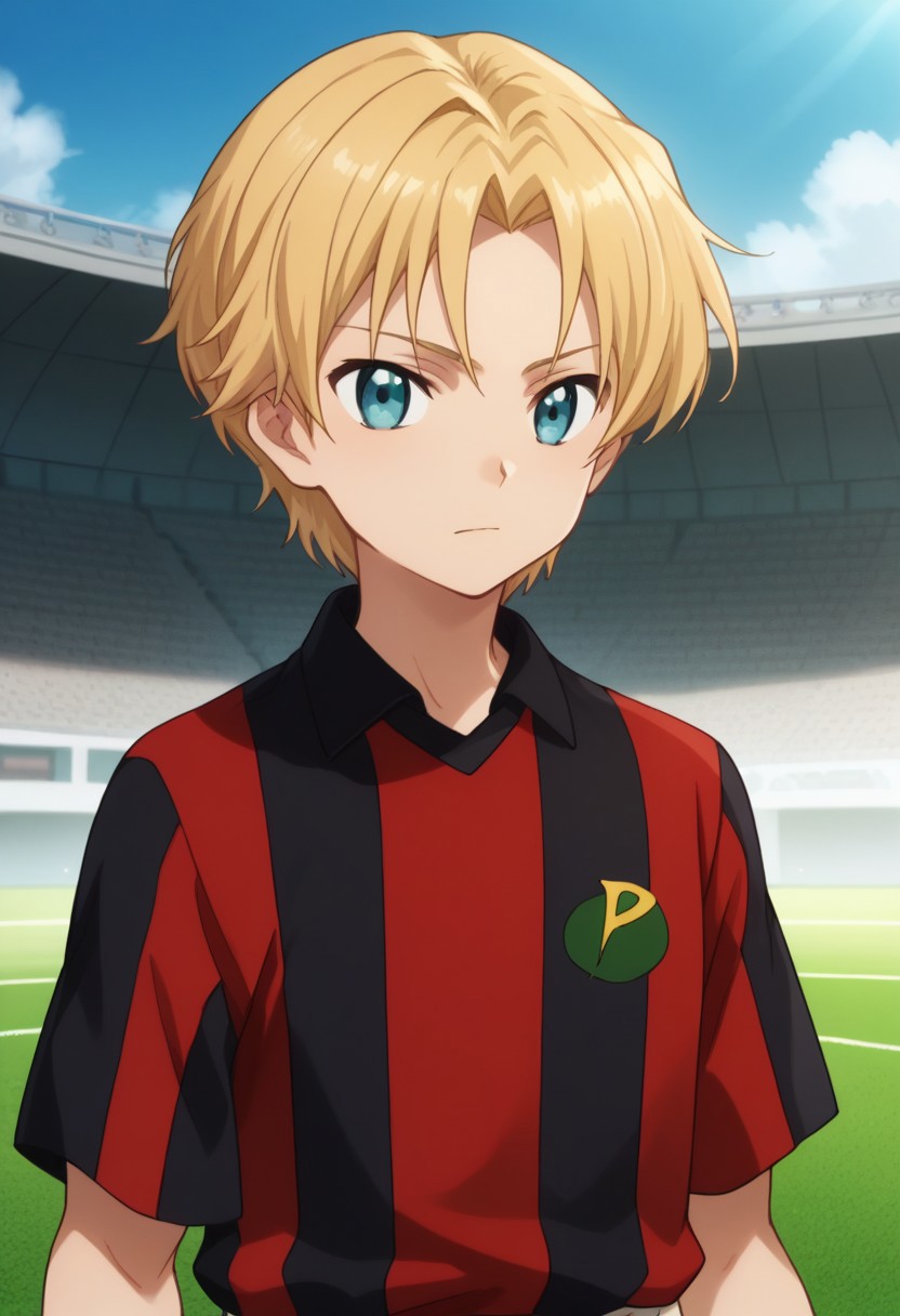 score_9, score_8_up, score_7_up, source_anime, highly detailed,
takuma, 1boy, male focus, solo, blonde hair, blue eyes, predators soccer uniform, soccer uniform, red shirt, black shirt, upper body,
outdoor,