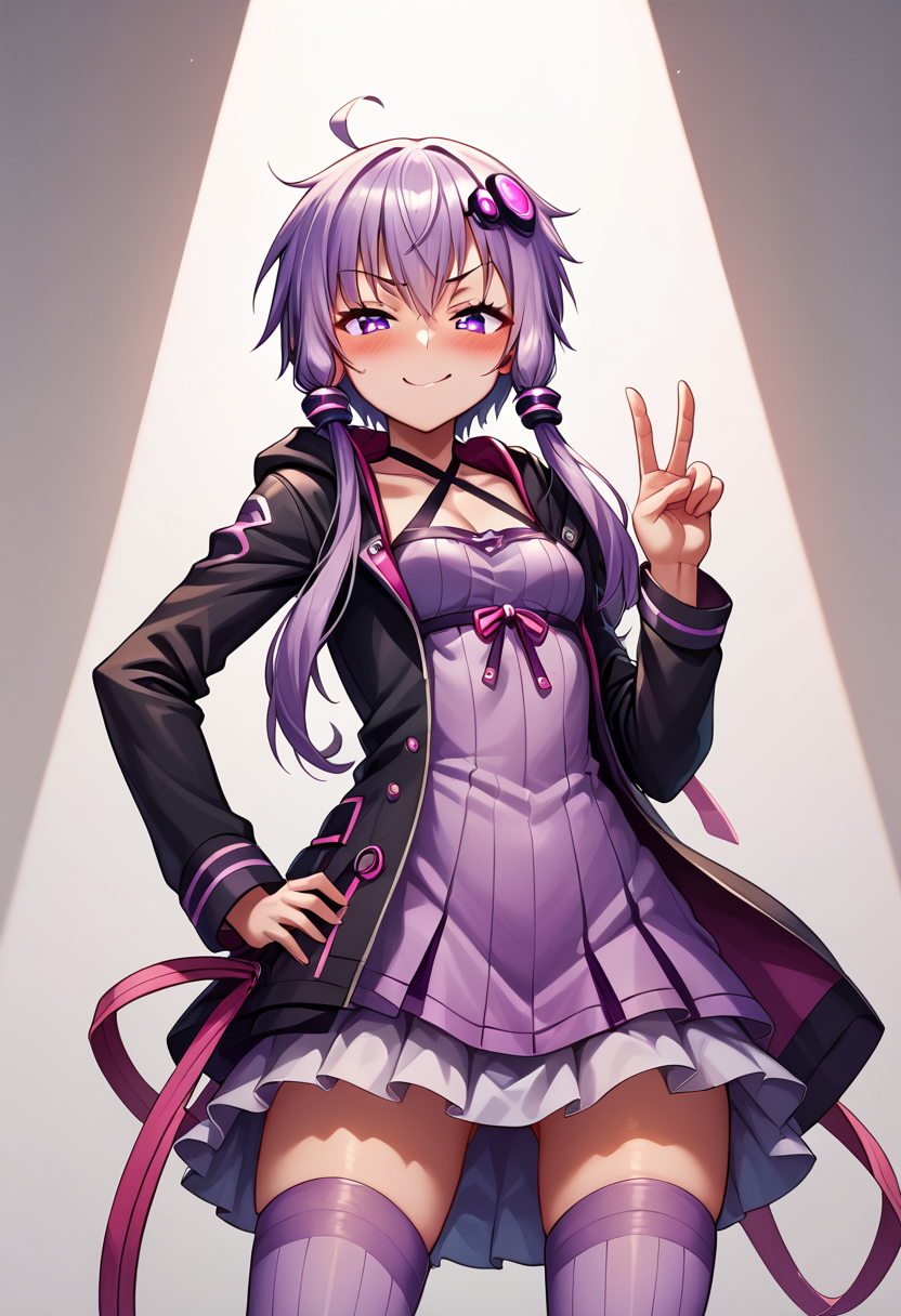 score_9, score_8_up, score_7_up, source_anime, BREAK
<lora:YuzukiYukari_MMD_V1:0.9> yuzuki yukari, purple eyes, small breasts,  
short hair with long locks, purple hair, hair ornament,
black criss-cross halter, purple dress, purple thighhighs, black jacket, hooded jacket, long sleeves, 
((white background, simple bacground,,))
1girl,  ((cowboy shot)),from below,, looking down,, looking back,
smug, smirk, blush, peace sign, double peace sign,