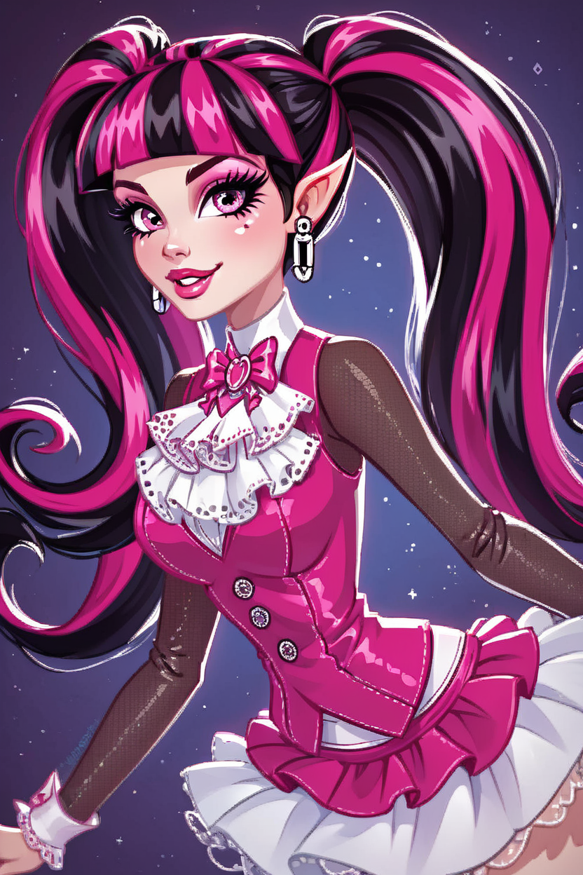 score_9, score_8_up, score_8, medium breasts, (curvy), cute, eyelashes,      ,,,  zzDraculaura, solo, twintails, multiclored hair, pink hair, black hair, pink eyes, pointy ears, earrings, fishnet sleeves, frilled sleeves, long sleeves, blunt bangs, monster high, pink vest, white skirt, pink knee boots,  <lora:Draculaura_MH_PDXL_v5:1.0>,  ,,, smile, looking at viewer,  ,,, <lora:Hyperdriver_PDXL_v5:0.7>,  embedding:zPDXL, Expressiveh, <lora:Expressive_H-000001:0.4>,