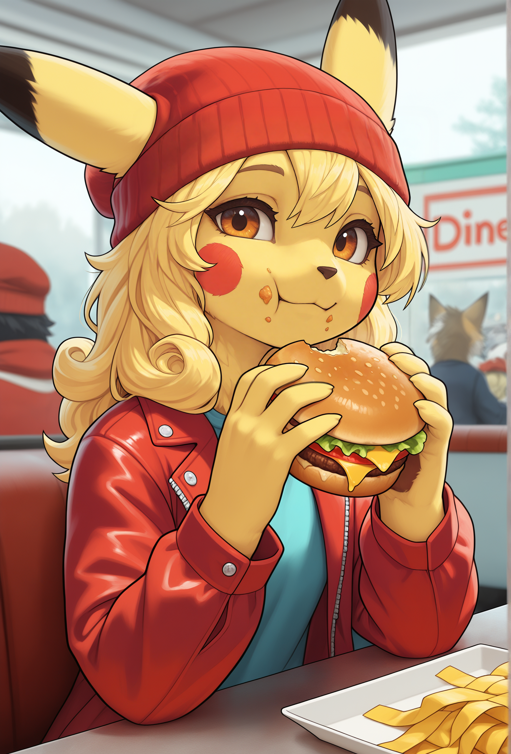 masterpiece,best quality,amazing quality, detailed fluffy fur, fur tuft, <lora:adjot_style_illustrious_v1f:1> adjstyle, furry, 1girl, pikachu, solo focus, yellow hair, curly hair, red beanie, amber eyes, looking at viewer, food on face, happy BREAK
yellow fur, red jacket, diner, restaurant, eating, food, eating burger, (depth of field:1.2), (people, giant panda,fennec,koala, blue shirt, green hat:0.5)
