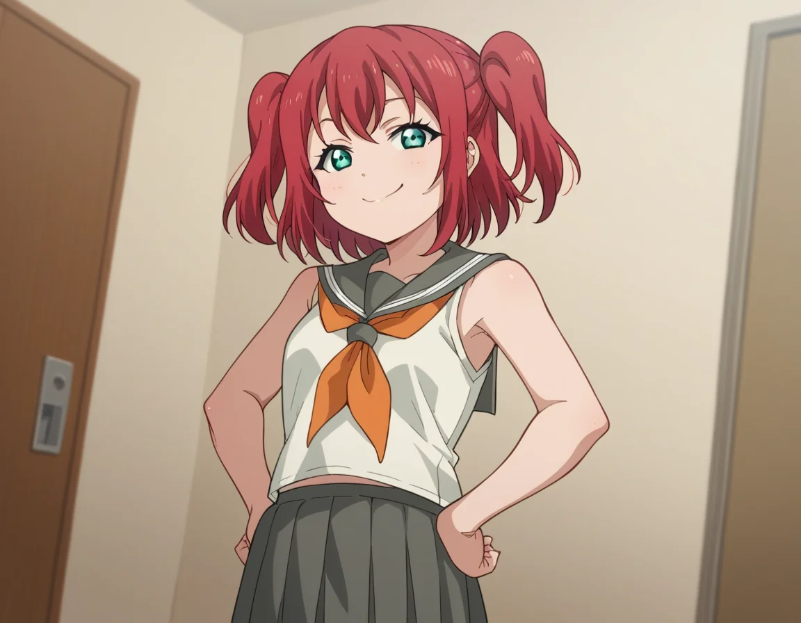 score_9, score_8_up, score_7_up, source_anime, <lora:ruby-kurosawa-s2-ponyxl-lora-nochekaiser:1>, ruby kurosawa, short hair, bangs, green eyes, red hair, aqua eyes, two side up,, shirt, school uniform, white shirt, serafuku, neckerchief, uranohoshi school uniform, orange neckerchief, sleeveless, skirt, pleated skirt, grey skirt,, indoors, smug, smile, looking at viewer, solo, hands on hips,, cowboy shot, dutch angle