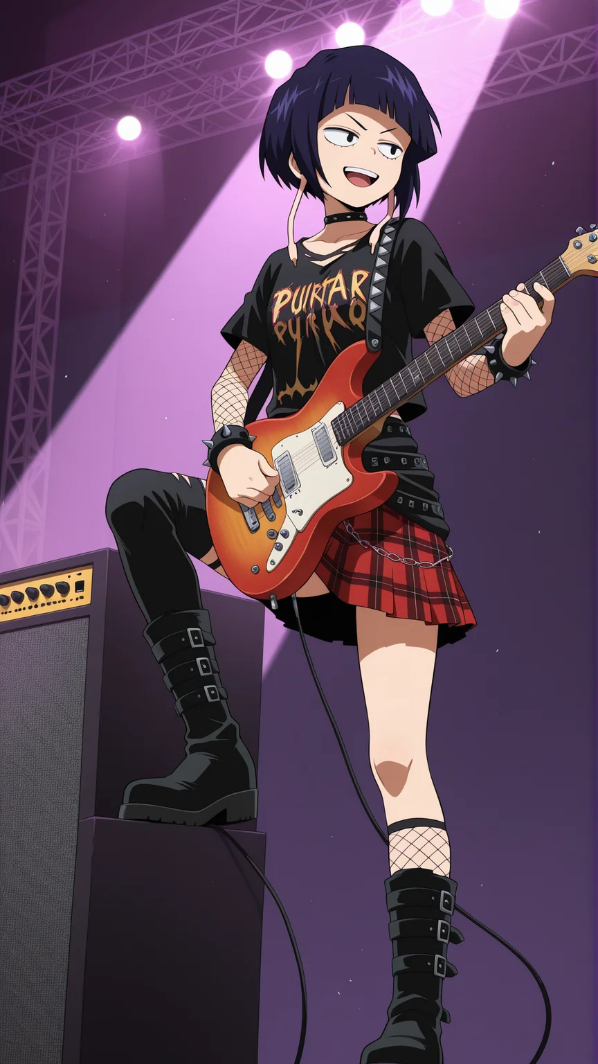 masterpiece, best quality, absurdres, amazing quality, 1girl, solo, <lora:IlluJirou:1> illujiro, short hair, bangs, long earlobes, purple hair, black hair, black eyes, punk, spiked bracelet, choker, fishnet sleeves, short sleeves, plaid, skirt, thighhighs, uneven legwear, stage, holding instrument, guitar, smile, open mouth, happy, knee up, boots, standing, speaker, serious, v-shaped eyebrows,