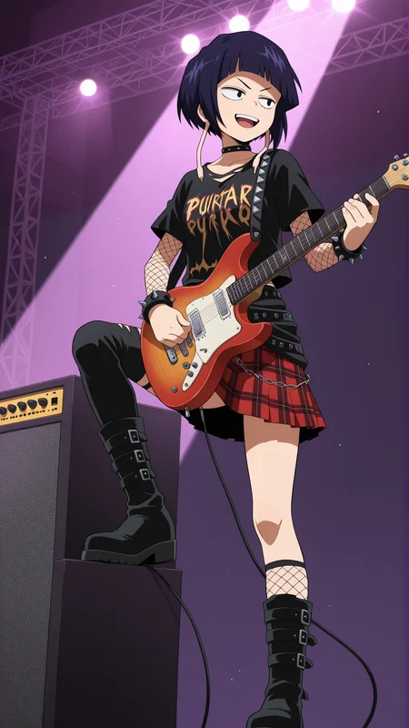 masterpiece, best quality, absurdres, amazing quality, 1girl, solo, <lora:IlluJirou:1> illujiro, short hair, bangs, long earlobes, purple hair, black hair, black eyes, punk, spiked bracelet, choker, fishnet sleeves, short sleeves, plaid, skirt, thighhighs, uneven legwear, stage, holding instrument, guitar, smile, open mouth, happy, knee up, boots, standing, speaker, serious, v-shaped eyebrows,