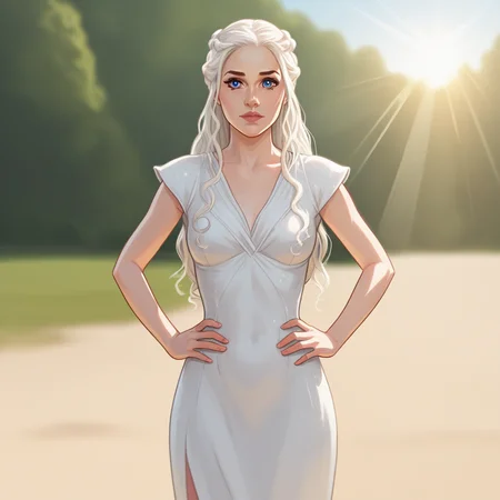 score_9_up, BREAK, DAENERYS, 1girl, solo, white hair, long hair, blue eyes, white dress, cowboy shot, hands on own hips, looking at viewer, <lora:DaenerysTargaryen_PXL_Leaf1:0.8> , summer, depth of field, light rays,