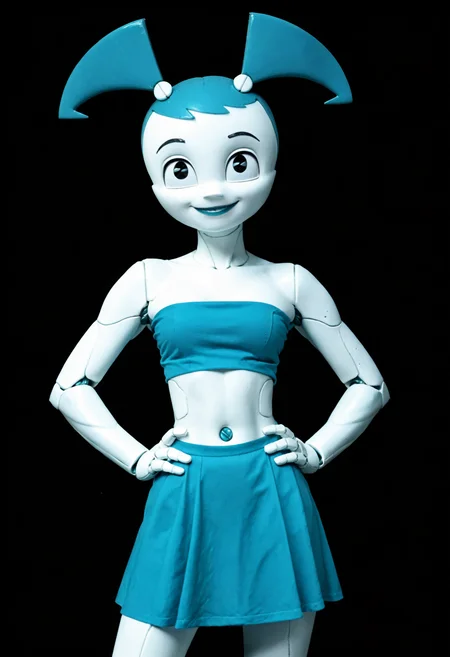 score_9, score_8_up, score_7_up, score_6_up, score_5_up, score_4_up,jenny, twintails, 1girl, solo, robot, no humans, blue hair, (blue tube top), blue skirt, robot joints, smile, navel, white skin, looking at viewer, looking at viewer, hand on own hip, cowboy shot, dark background, <lora:VintagePhotography90s_Hardcore_C:1> <lora:Jenny_XJ-9_Pony1.0:1>
