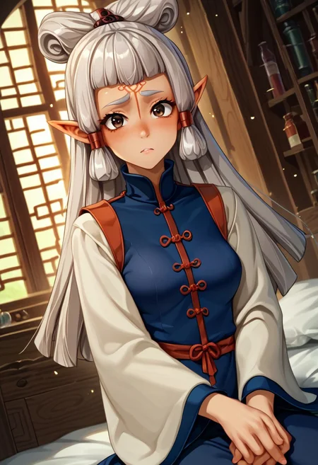 score_9, score_8_up, score_7_up, score_6_up, score_5_up, score_4_up, source_anime, , (best quality) , (highly detailed) , (best quality) , (highly detailed) ,((masterpiece)), ((best quality)), (ultra-detailed), ((extremely detailed)), (high resolution), 4K, (8K), best quality, (beautiful), (dynamic lighting), (super detailed skin), sharp focus, (1_girl, solo focus), masterpiece ,absurdres ,detailed face ,beautiful face , bowpaya, paya, elf ears, pointy ears, White hair, pointy ears, brown eyes, forehead mark
light rays, (light particles),
chinese clothes, turtleneck, long sleeves, wide sleeves,, indoors, sitting, bed, bed room, blush, drunk, looking at viewer, solo, cowboy shot, dutch angle
(portrait, upper body), OverallDetail,