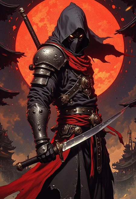 oriental ninja female assassin, holding weapons, dutch angle, dynamic, side view, silhouetted directional light hitting one side of her, outside shinto temple, ArsMJStyle, dnddarkestfantasy