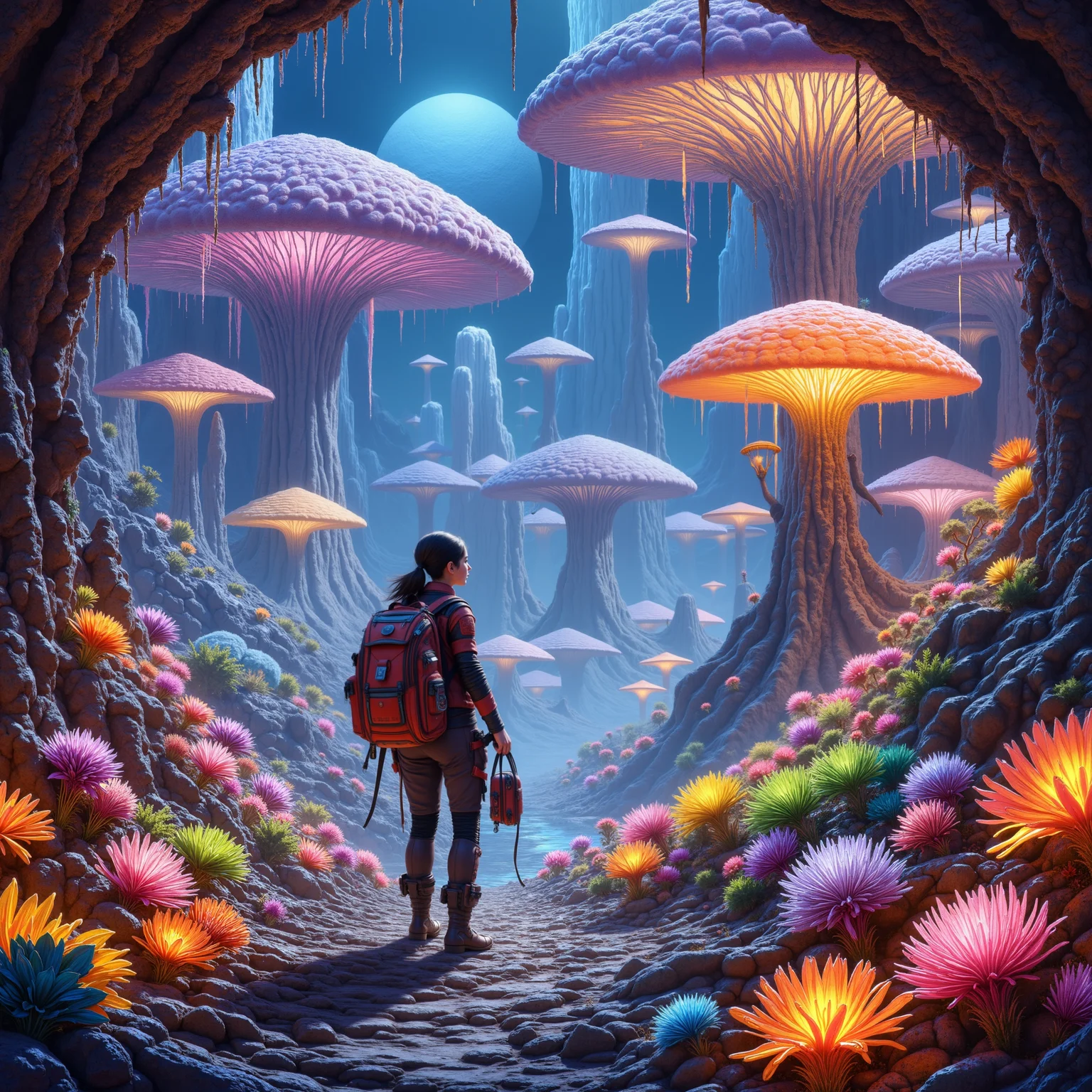 A brave woman exploring a vibrant alien world, engaging with advanced technology and friendly alien civilizations, showcasing futuristic landscapes filled with glowing flora and intricate architecture.