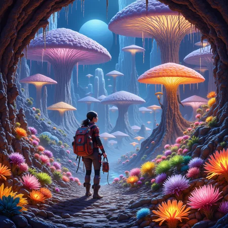 A brave woman exploring a vibrant alien world, engaging with advanced technology and friendly alien civilizations, showcasing futuristic landscapes filled with glowing flora and intricate architecture.
