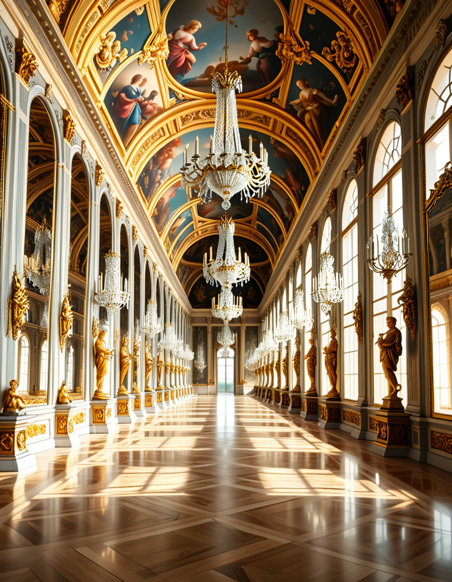 A breathtaking, photorealistic depiction of the Hall of Mirrors (Galerie des Glaces) at the Palace of Versailles in France, captured in golden afternoon light. The hall is grand and opulent, with a high arched ceiling painted with intricate Baroque frescoes. The walls are lined with tall arched mirrors on one side and large arched windows on the opposite side, flooding the space with natural light. Elegant crystal chandeliers hang from the ceiling, reflecting in the mirrors and sparkling with golden highlights. The marble floors are polished and gleaming, with rich, warm tones. Gilded statues and decorative elements frame the mirrors and doorways. The image style is ultra-detailed and photorealistic, with sharp textures and soft, warm lighting creating a majestic, timeless atmosphere. No people present, only the serene magnificence of the empty hall. Camera angle at eye level, centered down the hall, capturing the full length and symmetry of the space.
<lora:SDXLFaeTastic2400:0.4> <lora:extremely_detailed:0.4> extremely detailed,<lora:Hall_of_M1rr0rs:1>,Hall of M1rr0rs, Masterpiece,best quality,hi res,8k,hi res,8k,award winning,(sharp focus, intricate, highly detailed),
