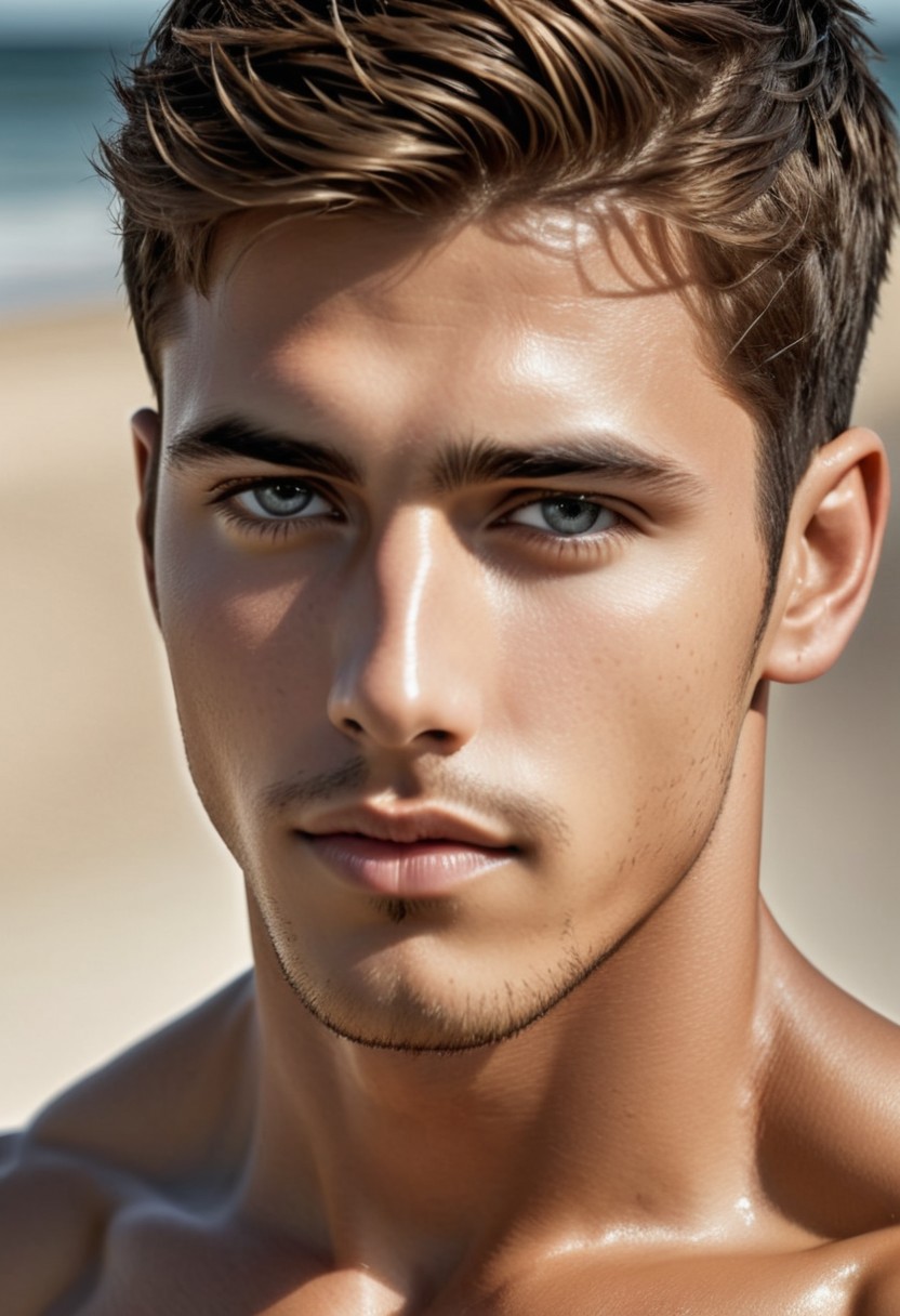 25 yo male model, head and upper body shot, intricate details, beach, hyperrealistic photography, looking at viewer