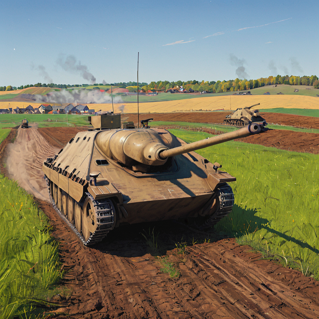 A htztnk tank participates in a training exercise in the German countryside, preparing for deployment to the front lines. The scene captures the crew's coordination and the vehicle's agility, set against a backdrop of rolling fields and farmhouses, illustrating the preparation behind the combat operations  ((pulp_comic, heavy_lines, hand_drawn, hand_inked, hand_colored, perfect_face, apxlz))