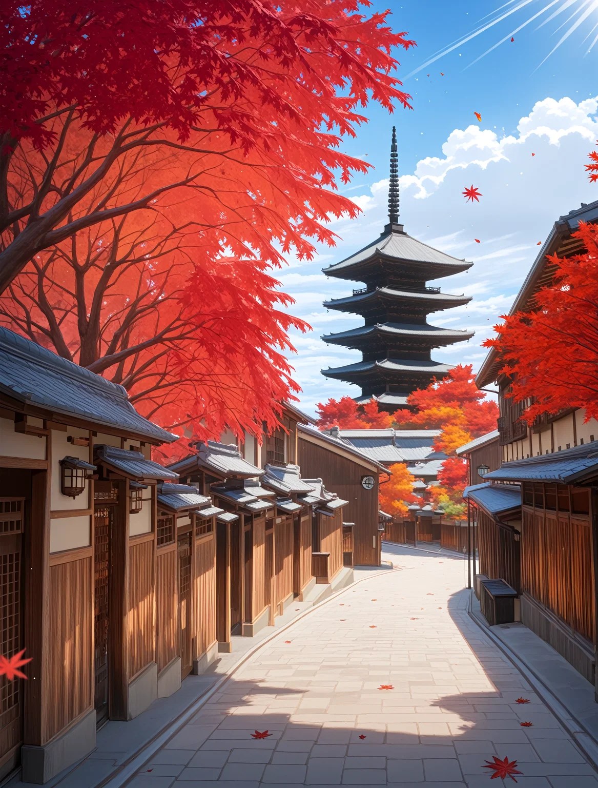 <lora:Yasakanoto-IllustriousXLV01-V1:1>
(masterpiece, very aesthetic, absurdres:1.4), best quality, newest, perfect anatomy, perfect lighting, anime coloring BREAK
(sparkle, light particles:0.6), light rays, rim lighting, (depth of field, blurry background) BREAK
no humans BREAK
yasaka pagoda, hokanji temple, kyotogion road, pavement, day, blue sky, cloud, (maple leaf, autumn leaves, falling leaves)âââ