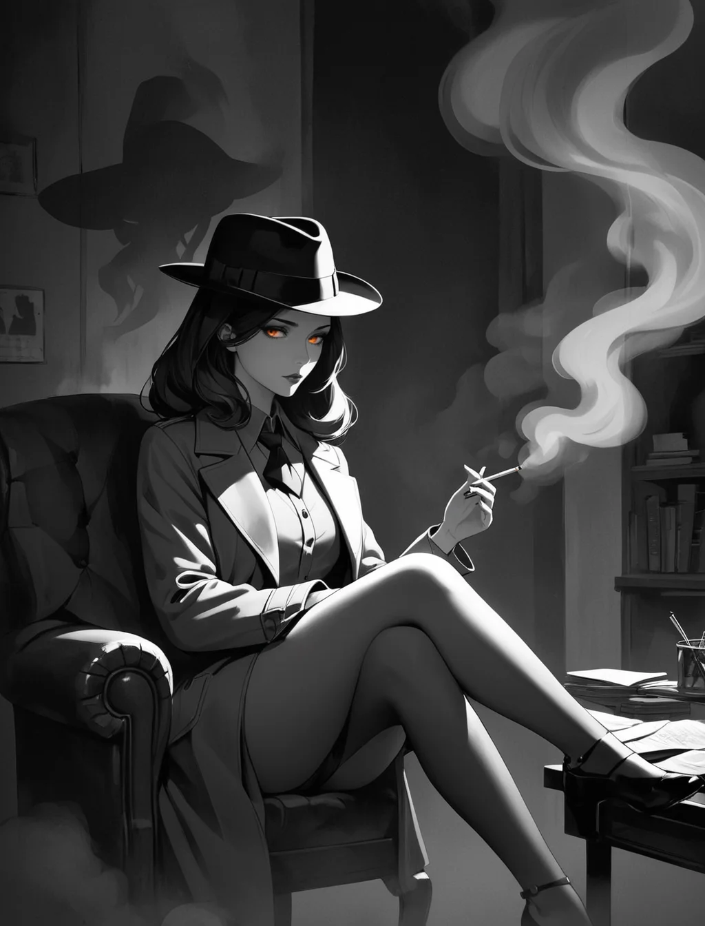 <lora:SDXL_neg4all xl v9.1:1>, aesthetic, ((style of Frank Miller:Bastien Lecouffe-Deharme)), ((abstract)), surreal, a moody monochtrome illustration of a faceless woman in coat and fedora sitting in smoke filled detective bureau, crossed legs, long cigarette, orange cigarette glow, (dark face), (eyes in shadow), professional illustration, beautiful hands