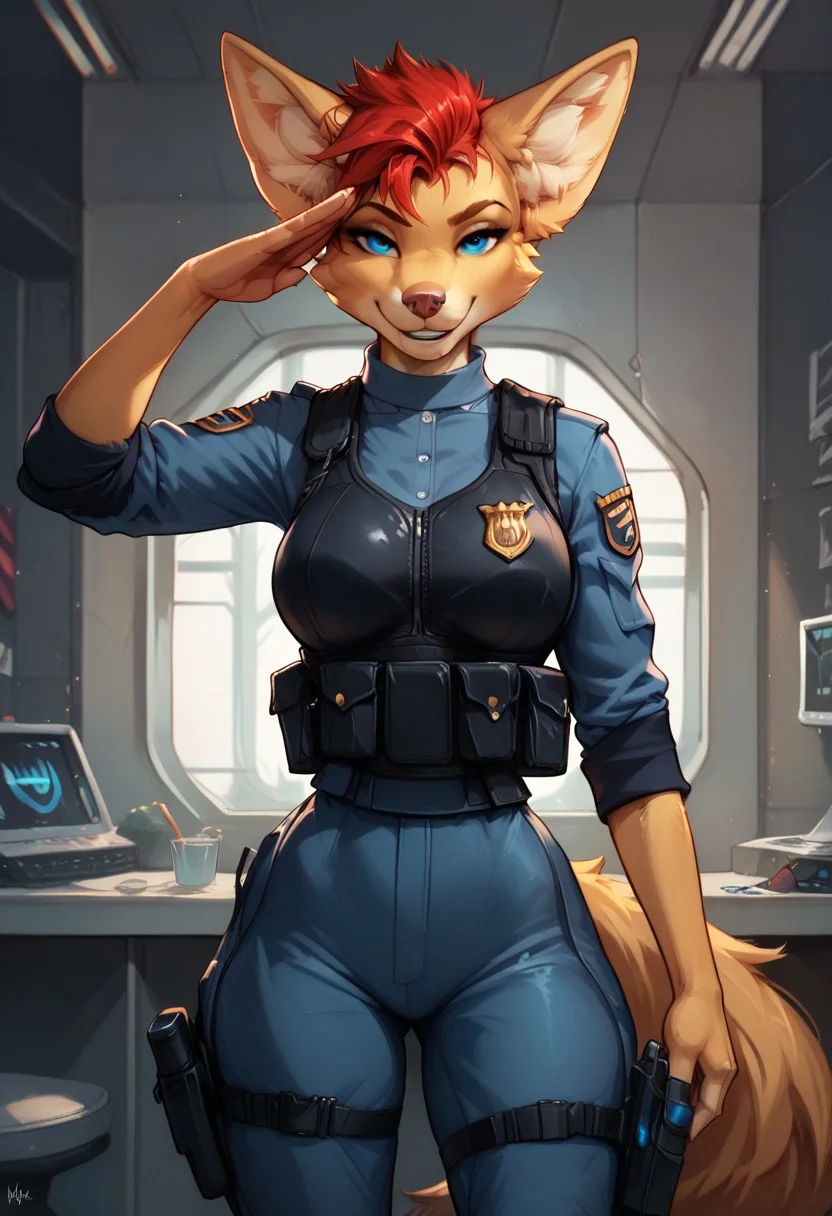 score_9, score_8_up, score_7_up, BREAK
sci-fi, inside, BREAK
1girl, pennytits, fennec fox, furry, blue eyes, red hair, short hair, police uniform, tactical vest, body armor, looking at viewer, smile, salute, waist-up, solo