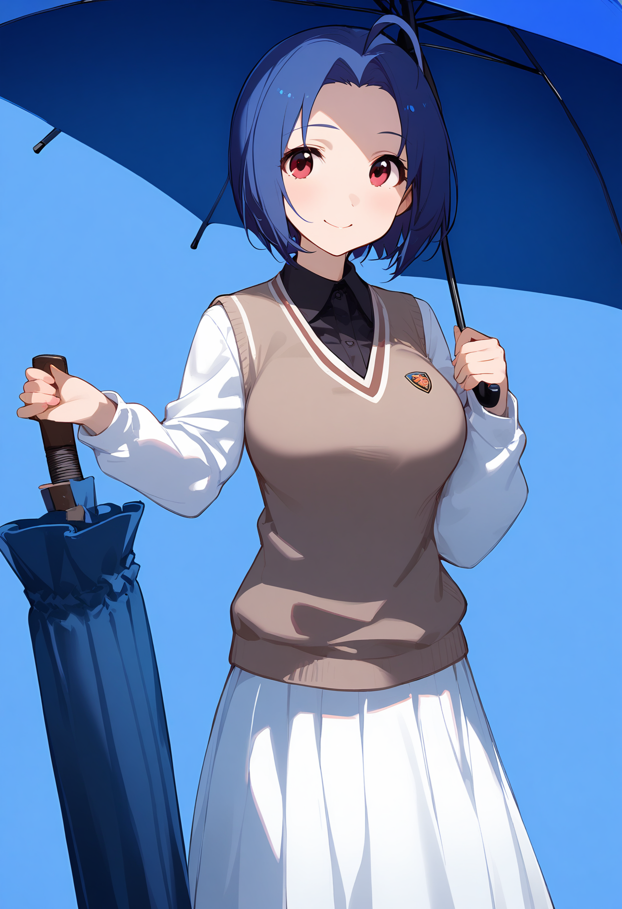 1girl,
miura azusa,


solo, ahoge, holding, hand up, alternate costume, long skirt, brown sweater vest, cowboy shot, simple background, holding umbrella, black shirt, large breasts, blue hair, smile, closed umbrella, blush, blue umbrella, shirt, umbrella, sweater vest, skirt, short hair, standing, white skirt, collared shirt, looking at viewer, breasts, pleated skirt, long sleeves, blue background, blue theme, blue eyes,

sfw
<lora:a31_char_new_miura_azusa-000006:1> <lora:a31_style_koni-000010:0.8>