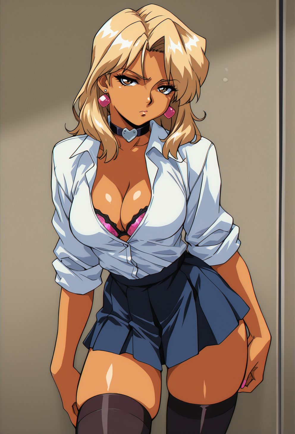 masterpiece, best quality,
1girl, solo,
tanding, looking at viewer, disdain, blonde hair, medium hair, gyaru, medium breasts, school uniform, skindentation, cleavage, skirt, thighhighs, choker, earrings, sleeves rolled up, underwear, bra,
 <lora:masami_oba:1> M4s4m1 0b4r1, retro artstyle,
