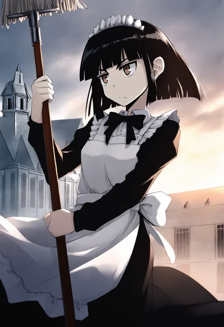 masterpiece, best quality, 1girl, solo, Abbey, black hair, bob cut, blunt bangs, brown eyes, maid headdress, white apron, black dress, black bowtie, black sleeves, mansion, holding mop, <lora:Abbey IXL 3:1>