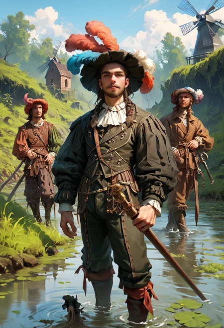 score_9, score_8_up, score_7_up, score_6_up, realistic, 3boys, facial hair,  perfect face, dynamic angle,motley, pants,boots, hat, jewelry, plume, weapon, antique firearm, l4ndskn3cht,  outdoors, swamp, Dutch windmill in distance, <lora:landsknecht-PNY-000009:0.8>