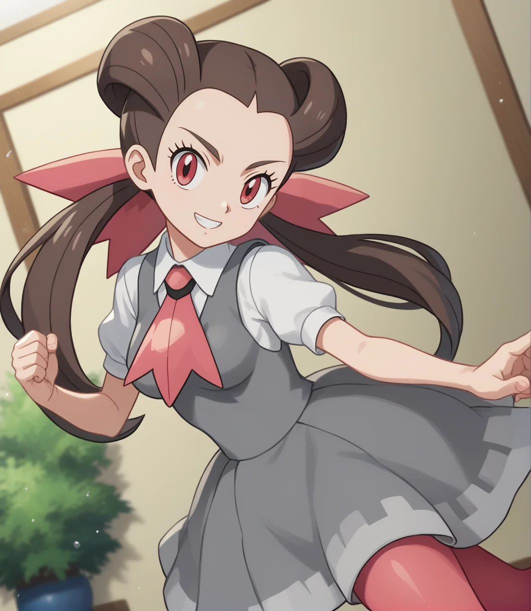 score_9,score_8_up,score_7_up,score_6_up,source anime BREAK, anime screencap, 1girl, solo,
looking at viewer, indoors, fighting stance, indoors, dynamic angle, blurry background, particles, smile,
1girl, roxanne (pokemon), long hair, hair pulled back, twintails, brown hair, eyelashes, red eyes, medium breasts,
pokemon oras, grey dress, white shirt, collared shirt, short sleeves, bow, pink ascot, hair ribbon, pink pantyhose,
<lora:roxanne_v1_0:1>
