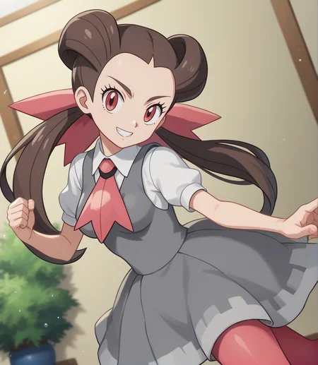 score_9,score_8_up,score_7_up,score_6_up,source anime BREAK, anime screencap, 1girl, solo,
looking at viewer, indoors, fighting stance, indoors, dynamic angle, blurry background, particles, smile,
1girl, roxanne (pokemon), long hair, hair pulled back, twintails, brown hair, eyelashes, red eyes, medium breasts,
pokemon oras, grey dress, white shirt, collared shirt, short sleeves, bow, pink ascot, hair ribbon, pink pantyhose,
 <lora:roxanne_v1_0:1>