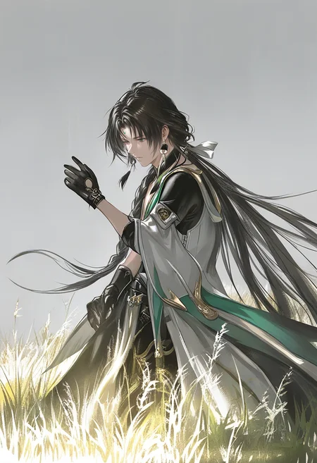 solo, long hair, black hair, gloves, grass, jewelry, earrings, white background, black gloves, 1boy <lora:YLXL_NBVP1_lokr_V6311P:0.95>