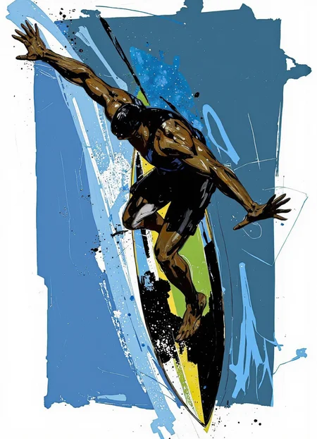 By Martin French. A digital illustration shoot from a low angle about a stylized illustration of a surfer performing a dynamic pose on a surfboard against a blue abstract background with splashes of paint and lines. the image also shows dynamic elements such as splashes and lines, adding to the sense of movement and energy. on the middle of the image, a muscular, dark-skinned male who appears to be in mid-air, with his arms stretched upwards, is standing on a black and yellow surfboard. he is wearing a black, shiny bodysuit and has a determined expression on his face. the background is composed of blue and green abstract shapes, including lines and splatters, creating a dynamic and energetic atmosphere. <lora:Martin_French:1>