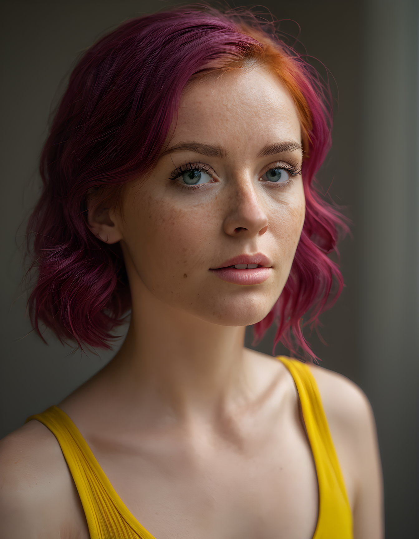 realistic skin texture, freckles, hasselblad H5D-50c, realistic photo of a beautiful woman with medium length magenta hair in a vintage used look yellow tank top, in the style of stefan kostic, realistic, half body shot, sharp focus, 8k high definition, insanely detailed, intricate, elegant, art by stanley lau and artgerm, extreme blur cherry blossoms background