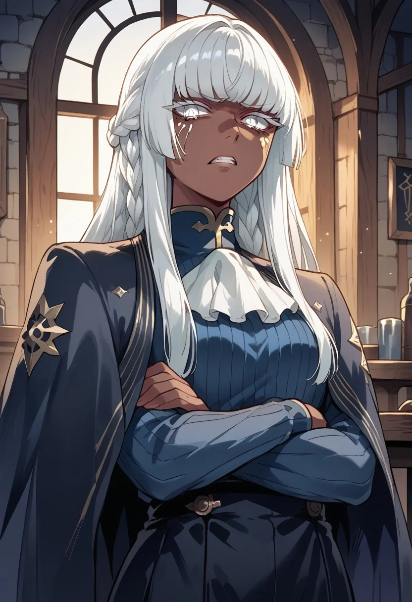 score_9, score_8_up, score_7_up, score_6_up, source_anime, very_aesthetic, beautiful, BREAK, disappointed, disgusted, front view, crossed arms, disgusted face, tilted head, barely visible teeth, annoyed look, furrowed brows, cowboy shot, brigitta, blunt bangs, white hair, sidelocks, white eyes, dark-skinned female, hime cut, braid,facial mark, colored eyelashes, long hair, white ascot, black cape, blue ribbed shirt, looking_at_viewer, tavern guest room, circular mosaic window, furniture, at night, moonlight, low light, volumetric lighting, ambient occlusion,