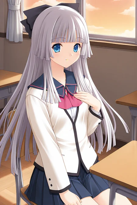 masterpiece, best quality, absurdres, official art, official style, rating general BREAK <lora:rokujoumiyaho_IL_v1:0.7>, rokujou miyaho, 1girl, solo, blue eyes, grey hair, very long hair, blunt bangs, hime cut, straight hair, blunt ends, sidelocks, hair bow, black bow, small breasts,
school uniform, winter uniform, serafuku, blazer, white jacket, buttons, pocket, blue sailor collar, pink neckerchief, white shirt, wing collar, long sleeves, sleeve cuffs, dark blue skirt, miniskirt, pleated skirt, closed eyes, smile, cowboy shot, closed mouth, arm at side, hand up, ^ ^, facing viewer, happy, light smile, blush, indoors, sitting, classroom, school chair, school desk, on chair, twilight, sunset, backlighting