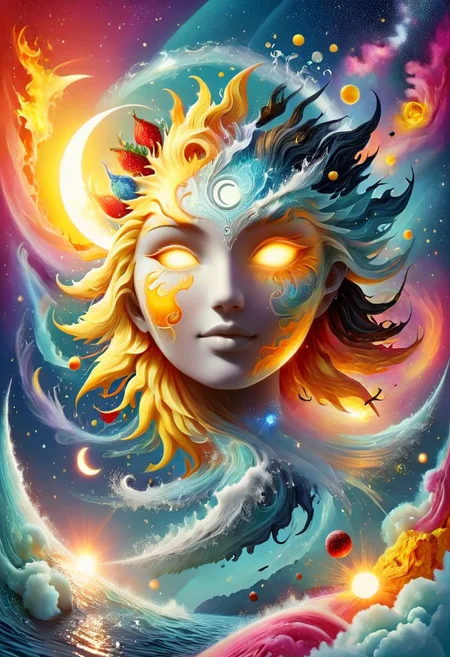 Sun and moon with face, surrounded in each corner of the picture of the elements water fire air and earth elements, painted in bright colors, with an illustration style, fantasy background. The sun is depicted as a golden yellow orb, while the crescent shaped moon has a white center and black edges. There is a vibrant array of colorful elemental designs floating around them. In between these two celestial elements lies an intricately designed small black silhouette of a curvy woman. gelato style, 8k,