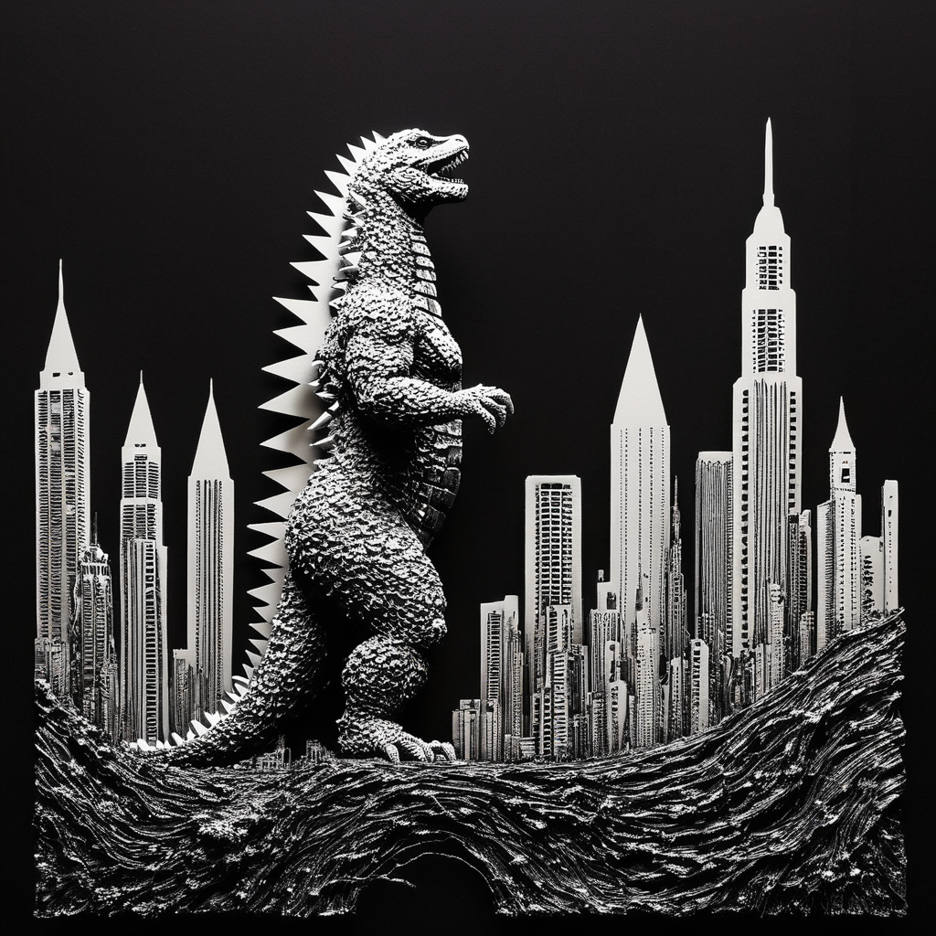 PStyl3, cityscape, negative space, godzilla, abstract,  <lora:Maximalist_Drawing_BW-000014:0.7>
