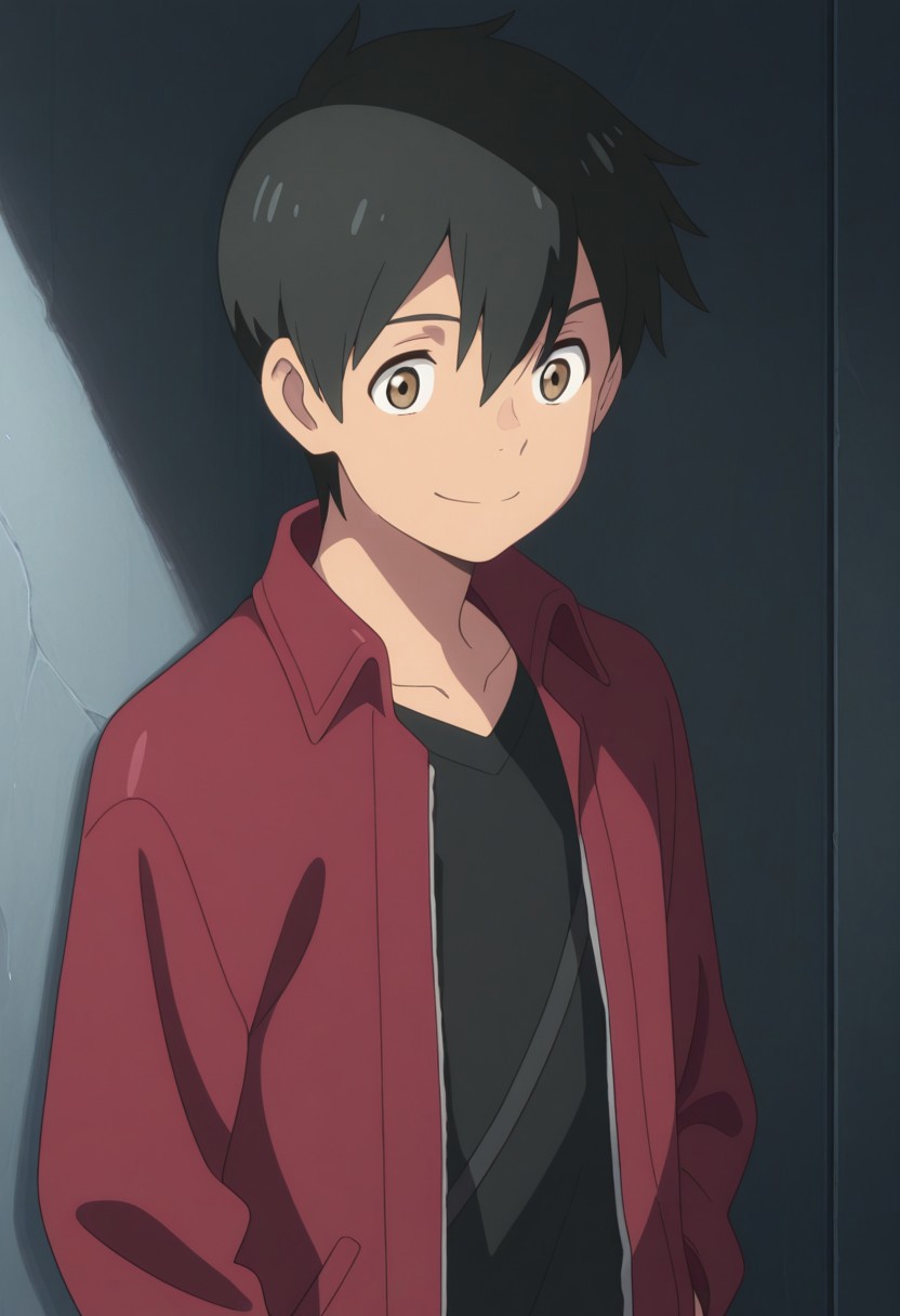 masterpiece,best quality,amazing quality, source_anime,
HodakaMorishima, 1boy, male focus, solo, brown eyes, black hair, hair between eyes, shirt, black shirt, jacket, red jacket, open jacket, smile,